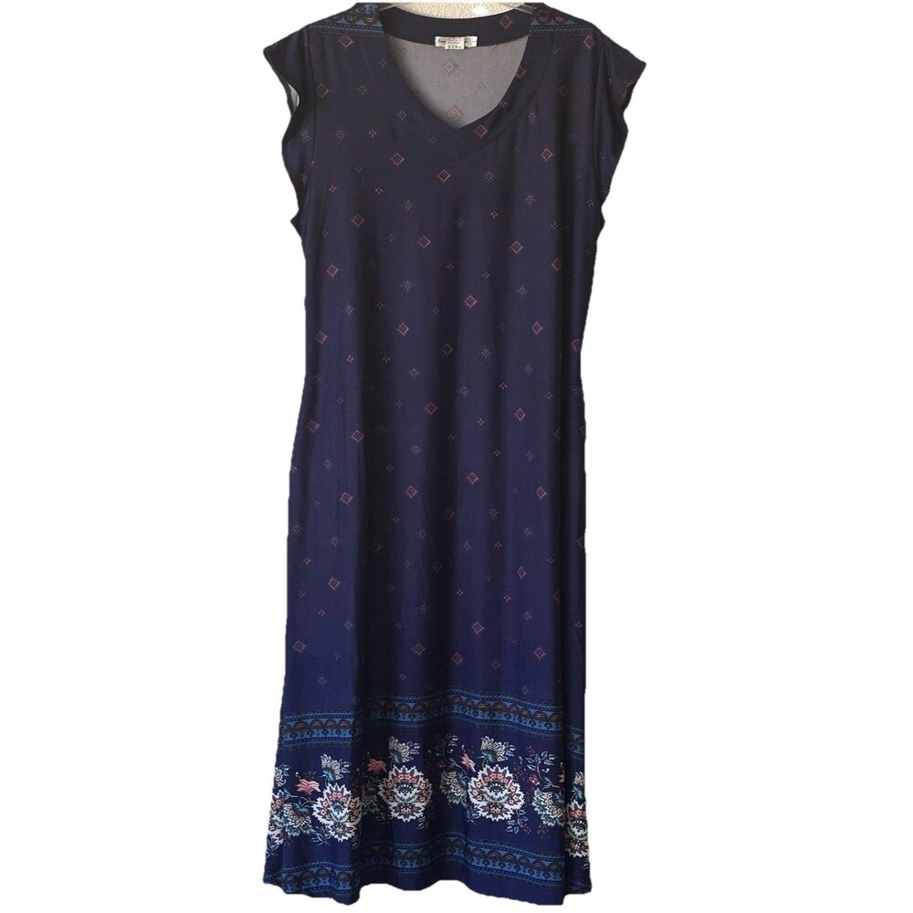 Beyond This Place V-Neck Maxi Dress Navy Blue Floral Print Women’s Size L